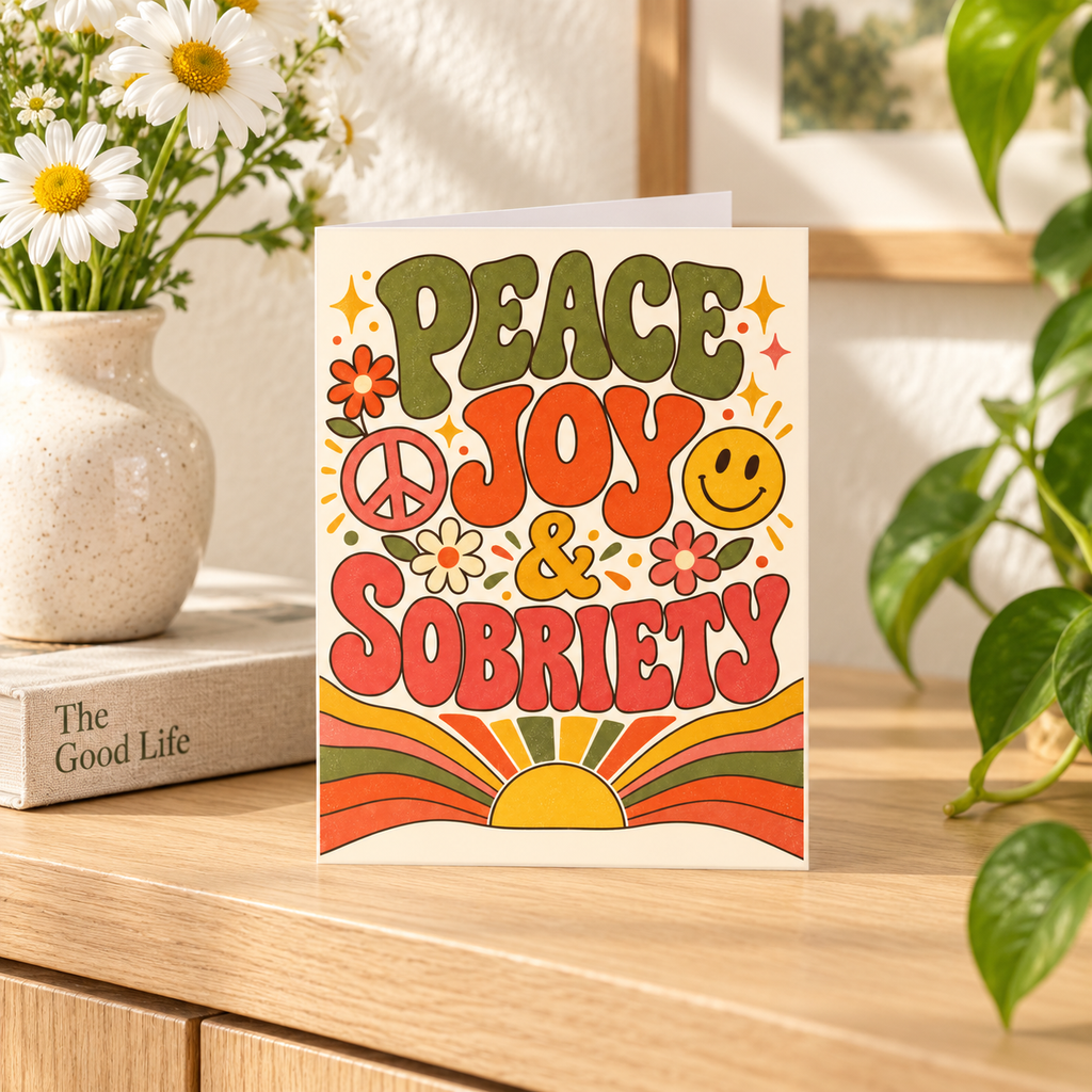 Peace Joy & Sobriety greeting card, a colorful 1970s-inspired sobriety and recovery gift