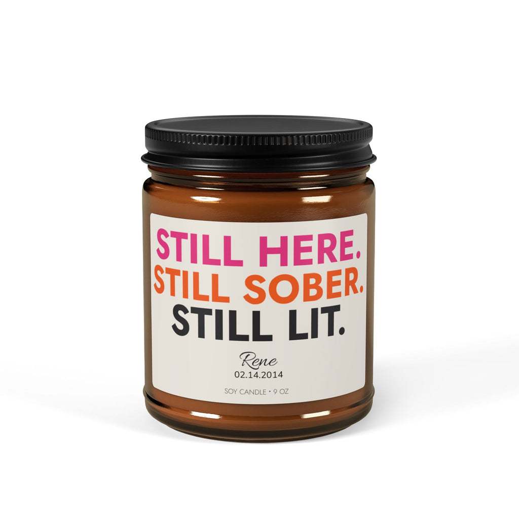 Personalized sobriety candle in a 9 oz amber jar with custom name and sobriety date, front view