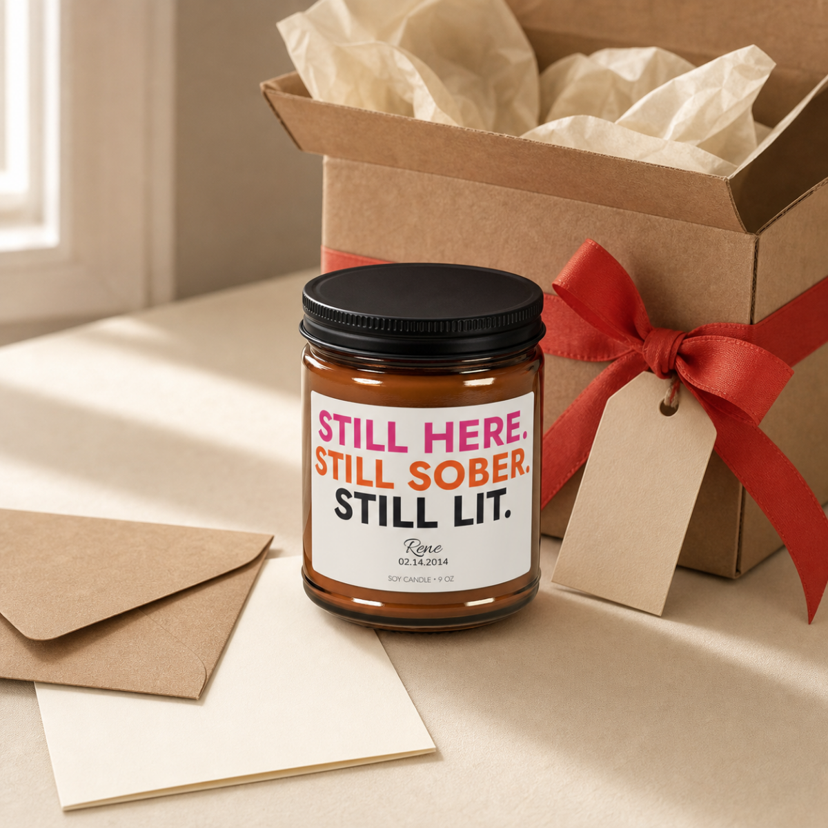 Personalized sobriety candle gift-wrapped in a kraft box with red ribbon, gift tag, and card, ready to give