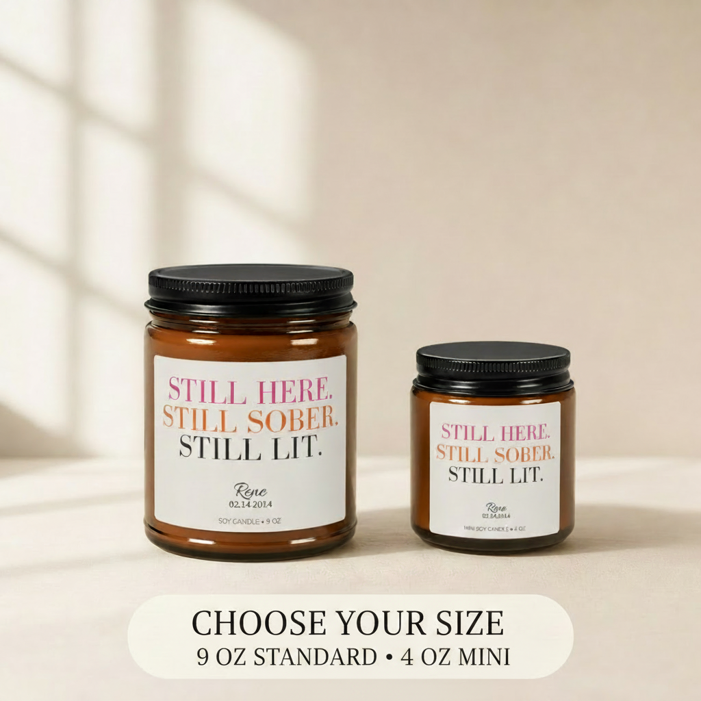 Personalized Still Here Still Sober Still Lit candles shown in 4 oz mini and 9 oz standard sizes. Amber glass candles