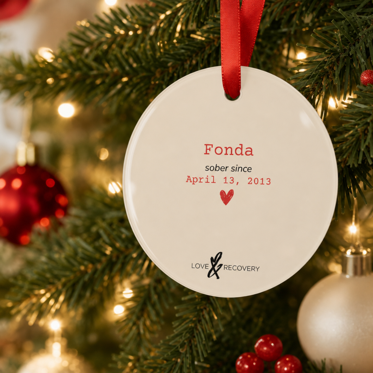 Personalized sobriety ornament hanging among red and gold ornaments on a decorated Christmas tree